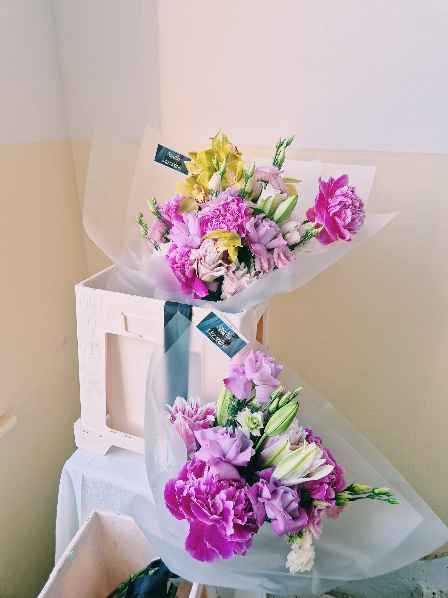 Luxury bouquet of roses peonies hydrangea and anthurium beautifully gift wrapped